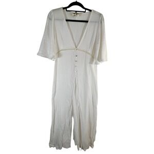 PPLA White Gauze Maxi Dress Womens Large V-Neck Button Front Boho Flutter Sleeve